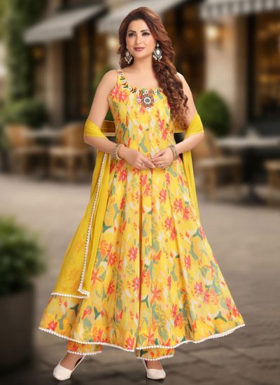 Yellow Georgette Floral Print Anarkali Salwar Suit