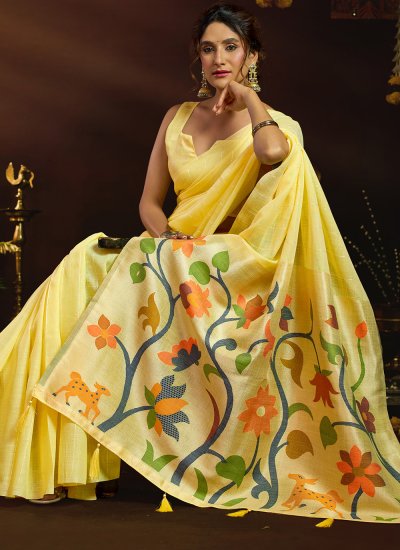 
                            Yellow Linen Classic Saree
