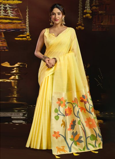 Yellow Linen Classic Saree