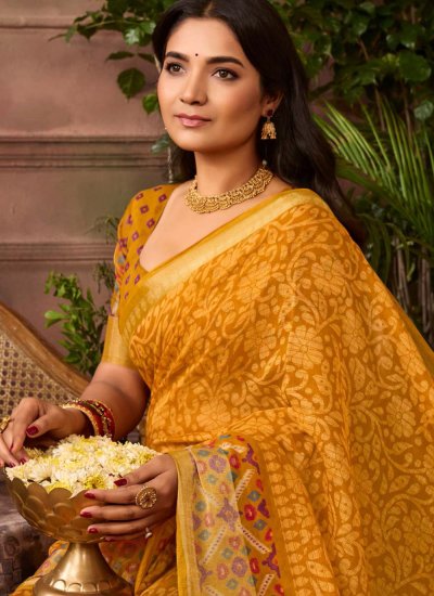 
                            Yellow Printed Silk Contemporary Saree
