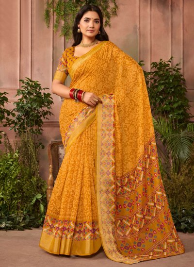 Yellow Printed Silk Contemporary Saree
