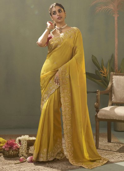 Yellow Silk Embroidered Classic Saree