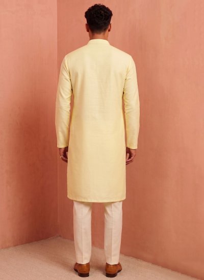 
                            Yellow Silk Embroidered Kurta Pyjama