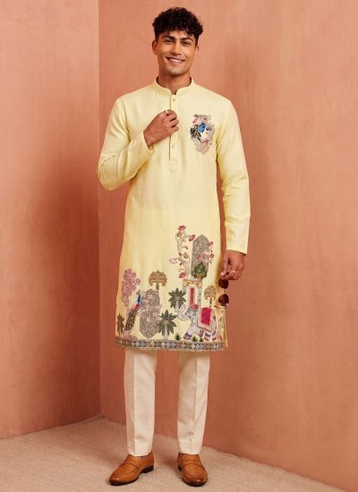 Yellow Silk Embroidered Kurta Pyjama