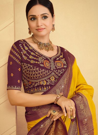 
                            Yellow Silk Embroidered Trendy Saree