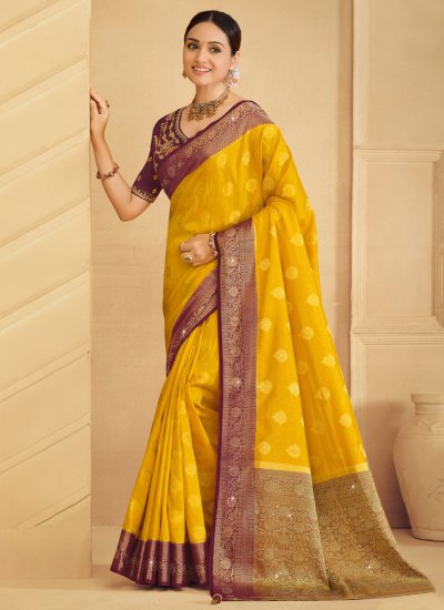 Yellow Silk Embroidered Trendy Saree