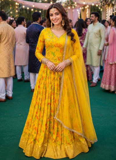 Yellow Viscose Festival Designer Gown