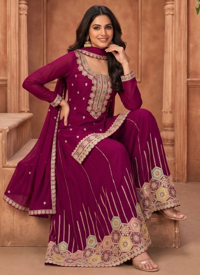
                            Zari Chinon Readymade Salwar Kameez in Magenta Colour
