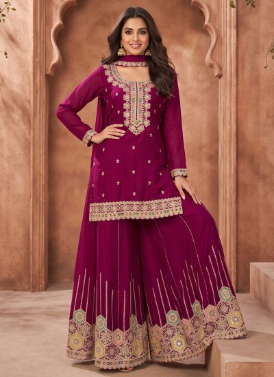 Zari Chinon Readymade Salwar Kameez in Magenta Colour